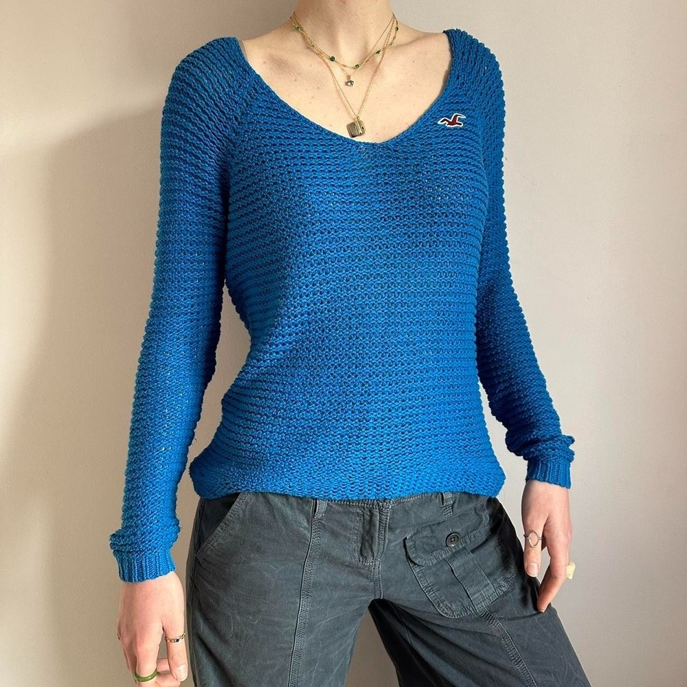 Large Womans HOLISTER Cobalt Blue Woven Knit Y2K Preppy Sweater College Basic‎